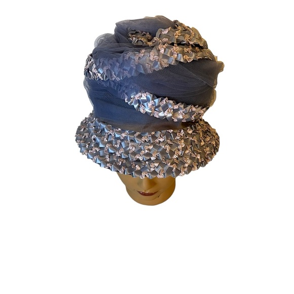 Union Made Vintage Women’s Blue Bucket Hat Rafia and Ribbon Mesh Netting - Picture 2 of 14